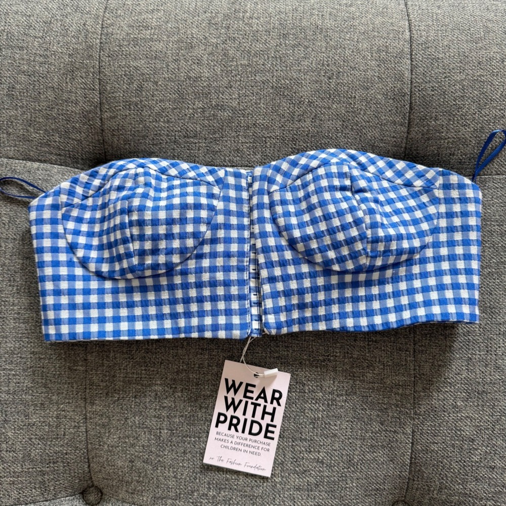 Zara Blue White Gingham Bustier Crop Top Strapless Sweetheart Small NWT